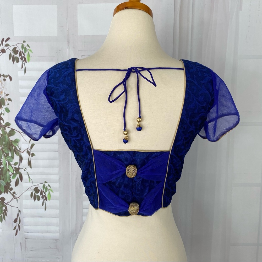 New Saree Blouse Blue Gold Choli Medium 38 Brocade Net Crop Top Indian Bollywood